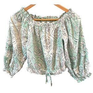 NWOT Lauren Conrad Green Printed Bohemian Blouse XS Off Shoulder Beachy Casual